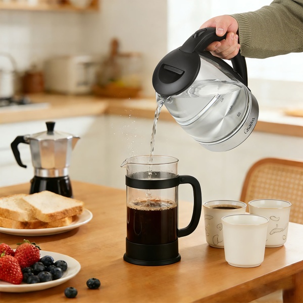 Edler Glas-Wasserkocher 1,8L mit blauem LED-Licht, Edelstahl, 2200W - Teekocher mit Abschaltautomatik & Trockenbetriebsschutz