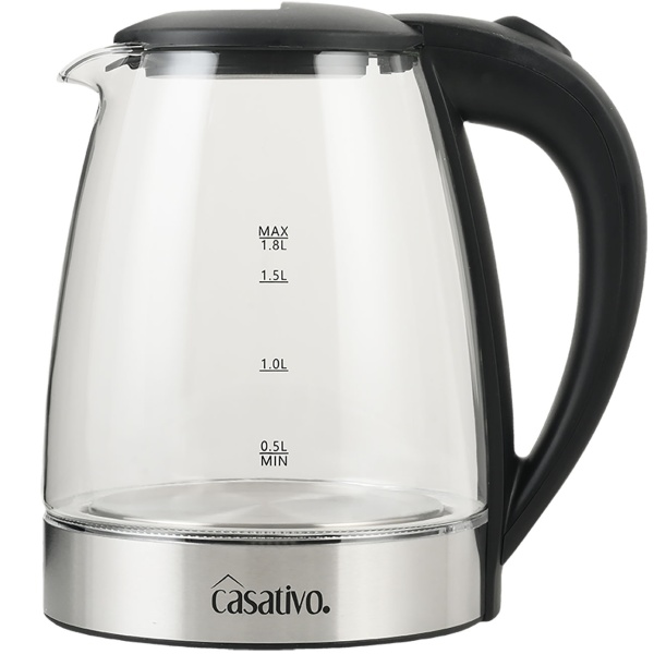 Edler Glas-Wasserkocher 1,8L mit blauem LED-Licht, Edelstahl, 2200W - Teekocher mit Abschaltautomatik & Trockenbetriebsschutz