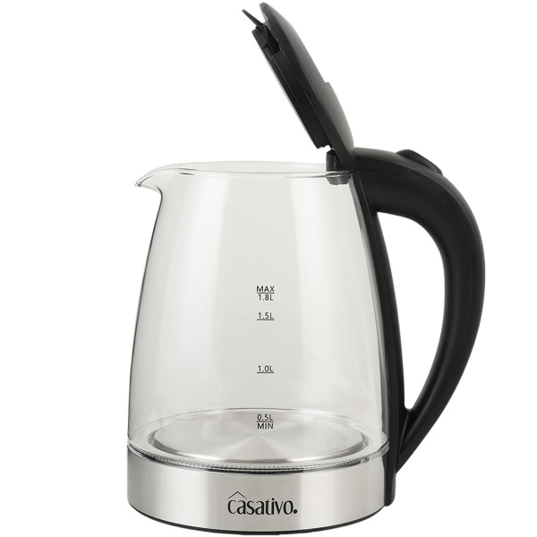 Edler Glas-Wasserkocher 1,8L mit blauem LED-Licht, Edelstahl, 2200W - Teekocher mit Abschaltautomatik & Trockenbetriebsschutz