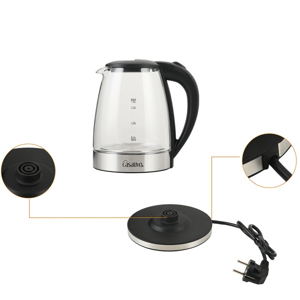 Edler Glas-Wasserkocher 1,8L mit blauem LED-Licht, Edelstahl, 2200W - Teekocher mit Abschaltautomatik & Trockenbetriebsschutz