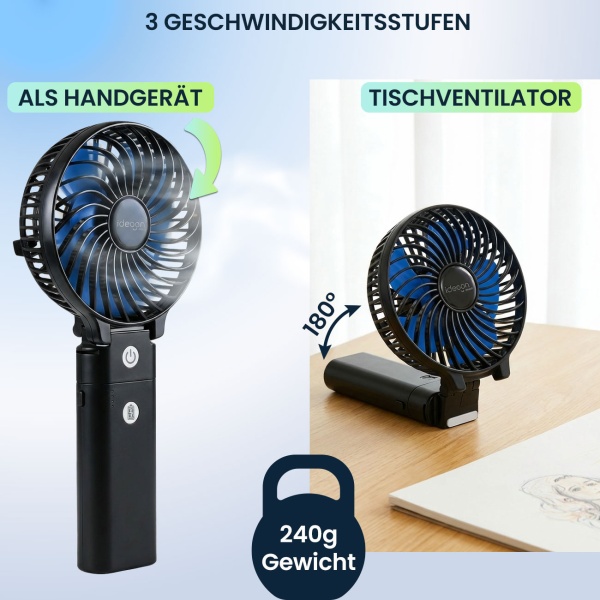 Leistungsstarker Akku Handventilator 5200mAh Powerbank Tischventilator: USB Reiseventilator, 3 Stufen, Tragbarer Mini Ventilator