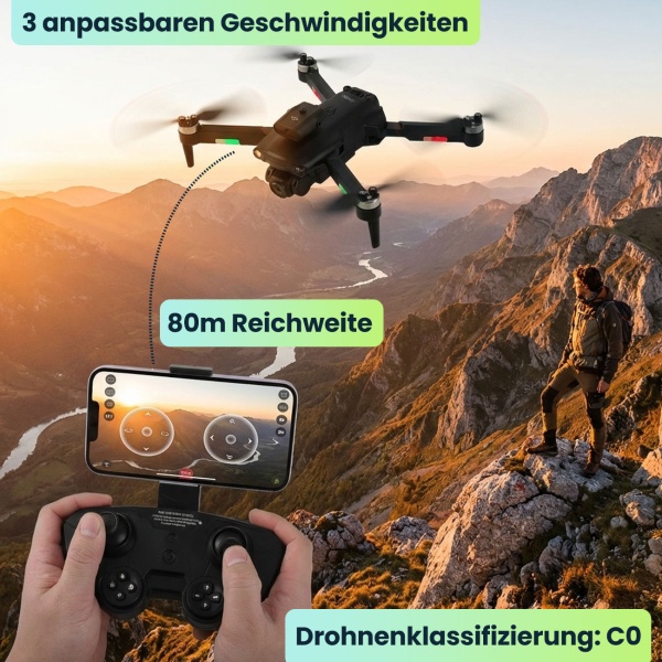 Faltbarer RC-WLAN-Quadrocopter mit HD-Kamera, Hinderniserkennung & Zusatz-Akku - Brushless Drohne C0 für Anfänger, 80m Reichweite, App
