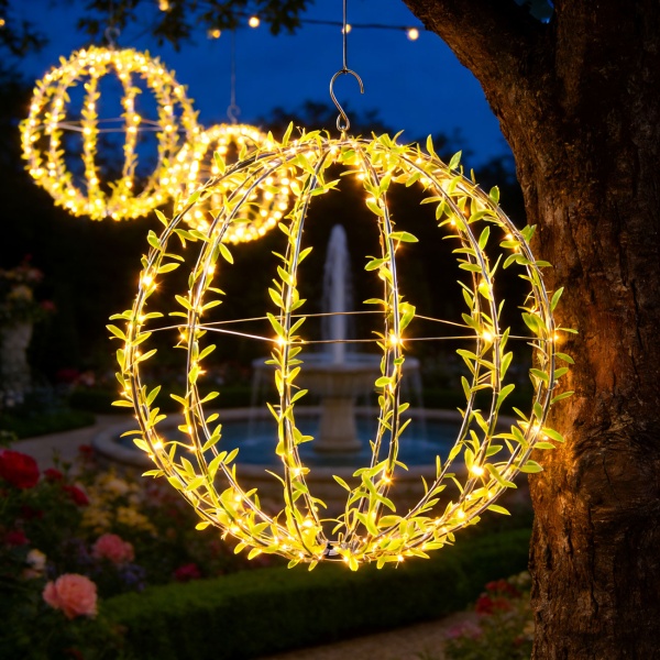 4er-Set Solar Leuchtkugel im Blätterdesign - Ø40cm Gartenkugel mit 144 warmweissen LEDs - IP44 Aussenleuchte inkl. Erdspiess, S-Haken und Solarpanel