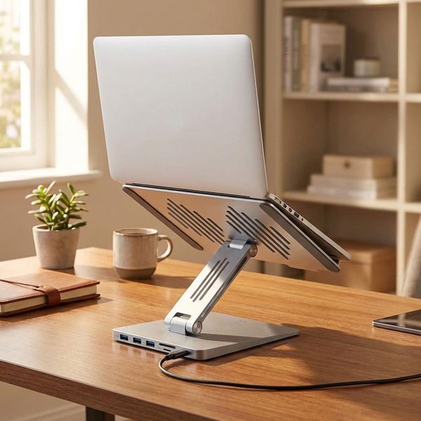 Universal Notebook-Ständer mit 8-Port-Dockingstation: ein ergonomischer Arbeitsplatz & aufgeräumter Schreibtisch für Büro & Homeoffice