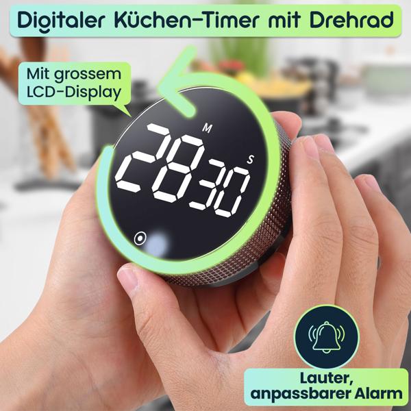 2er-Set Digitaler Küchen-Timer mit Drehrad - Praktische Eieruhr mit Magnet, lautem Alarm, Countdown-Funktion & grossem LCD-Display