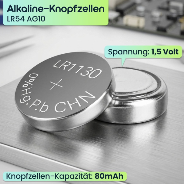 20er-Set Alkaline-Knopfzellen LR54 AG10, 1,5V 80 mAh, Quecksilber- und Cadmiumfrei – Zuverlässige Batterien für Uhren, Taschenrechner & Kleingeräte
