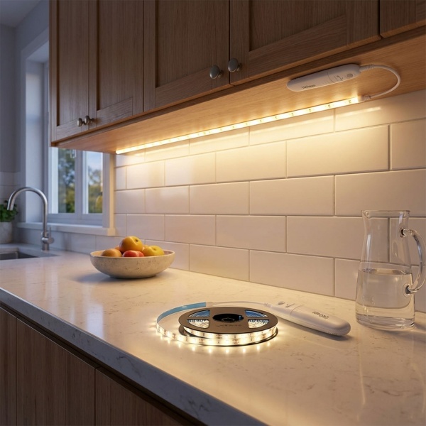 2er-Set 3m LED Streifen warmweiss mit Bewegungsmelder & Batteriebetrieb - Selbstklebendes Lichtband, Nachtlicht Stripe, 90 LEDs, 5W