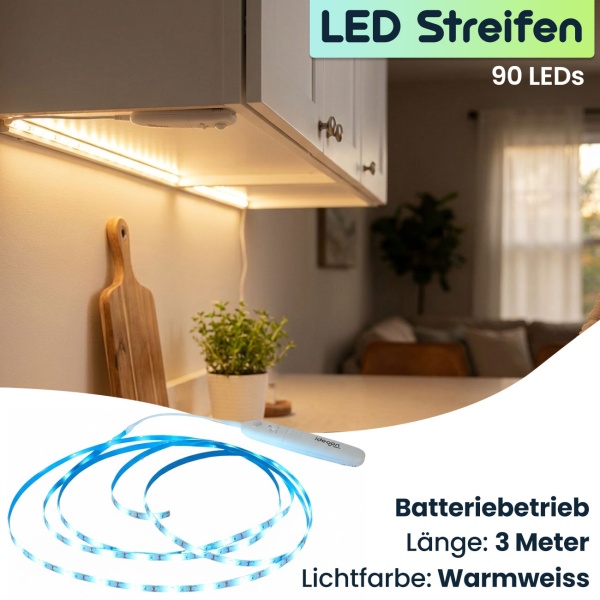 2er-Set 3m LED Streifen warmweiss mit Bewegungsmelder & Batteriebetrieb - Selbstklebendes Lichtband, Nachtlicht Stripe, 90 LEDs, 5W
