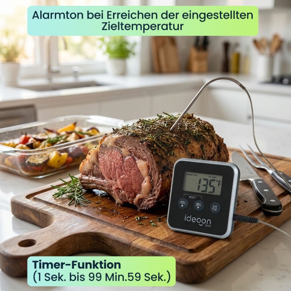 Digitales Fleischthermometer & Ofenthermometer mit Timer bis 300 Grad, Kabelgebundenes Braten- und Grillthermometer, für BBQ, Grill, Smoker, Backofen
