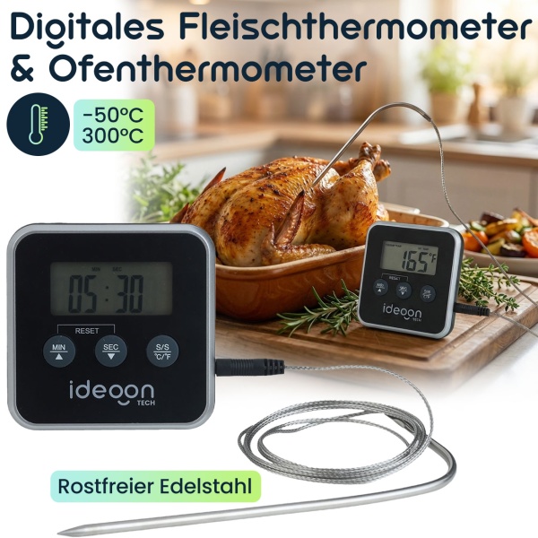 Digitales Fleischthermometer & Ofenthermometer mit Timer bis 300 Grad, Kabelgebundenes Braten- und Grillthermometer, für BBQ, Grill, Smoker, Backofen