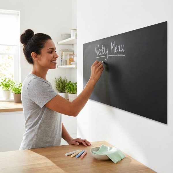 Selbstklebende Tafelfolie 60x200cm inkl. 5 Kreiden & Reinigungspad – Wandfolie als Kreidetafel & Memoboard für Küche, Kinderzimmer & Büro