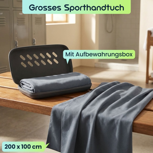 Microfaser Handtuch 200x100 cm in Anthrazit, grosses Sporthandtuch schnelltrocknend & ultraleicht, Reisehandtuch inklusive Aufbewahrungsbox