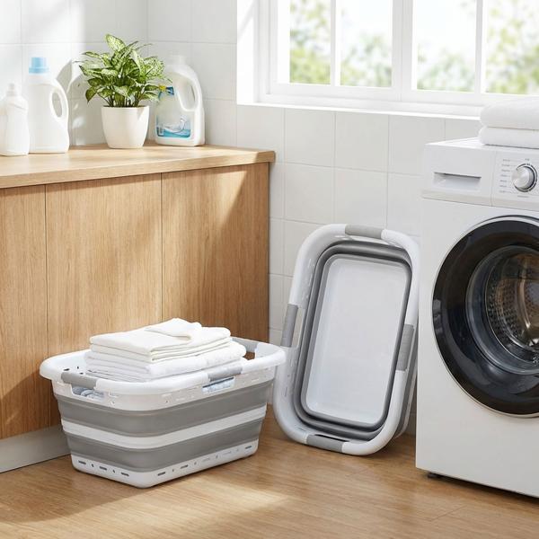 2er-Set Faltbarer Wäschekorb 41L - Platzsparender Wäschesammler aus Kunststoff mit Belüftung - Ultraflach 8,5 cm für Waschküche & Camping