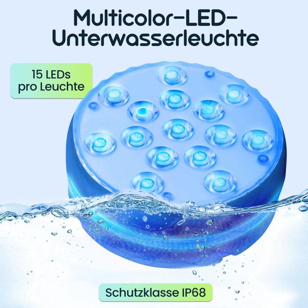 4er-Set Multicolor-LED-Unterwasserleuchte, mit Fernbedienung - Wasserdichte Pool Beleuchtung mit starken Saugnäpfen – Deko für Badewanne, Teich, Aquarium