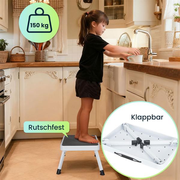 2er-Set Stabiler Tritthocker, 150 kg - Stahl, rutschfeste Küchenleiter mit Klappsicherungen, platzsparend für sicheres Arbeiten