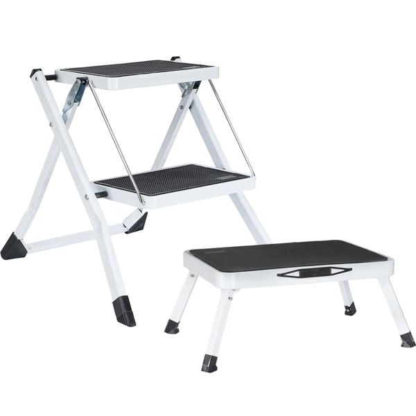 Küchenleiter 2 Stufen & Tritthocker Set – Klappbar, 150 kg belastbar, rutschfeste Trittflächen, platzsparendes Steighilfen-Duo aus stabilem Stahl