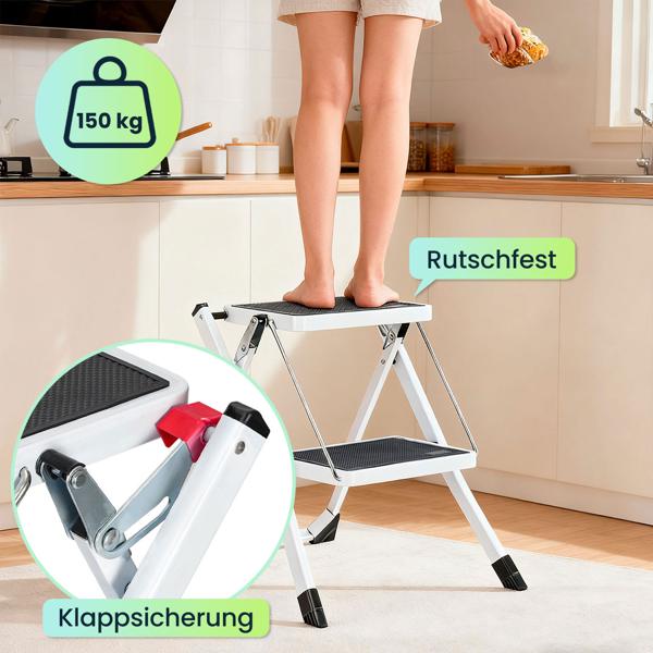Küchenleiter 2 Stufen & Tritthocker Set – Klappbar, 150 kg belastbar, rutschfeste Trittflächen, platzsparendes Steighilfen-Duo aus stabilem Stahl