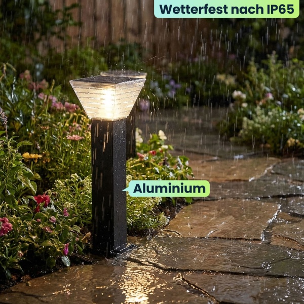 Premium Solar Säulen-Wegeleuchte 60cm aus Aluminium in Schwarz, 300lm, IP65 wasserfest, 360° Abstrahlung, 2 Lichtfarben & Leuchtmodi, Gartenlampe