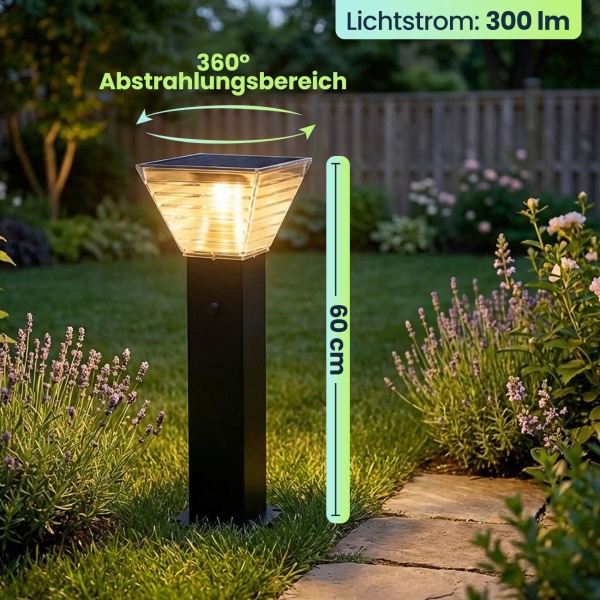 Premium Solar Säulen-Wegeleuchte 60cm aus Aluminium in Schwarz, 300lm, IP65 wasserfest, 360° Abstrahlung, 2 Lichtfarben & Leuchtmodi, Gartenlampe