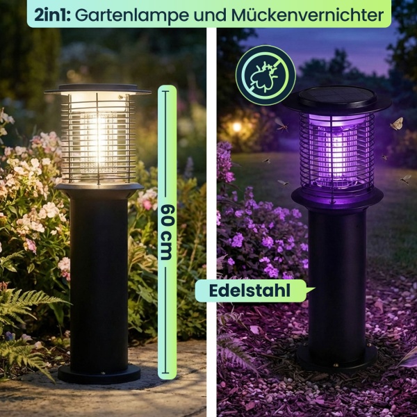 Solar Gartenlampe mit Mückenvernichter aus Edelstahl, 2in1 LED Wegeleuchte Schwarz, Warmweiss 300lm & UV Insektenschutz 15lm, IP44, 25 x 60 cm