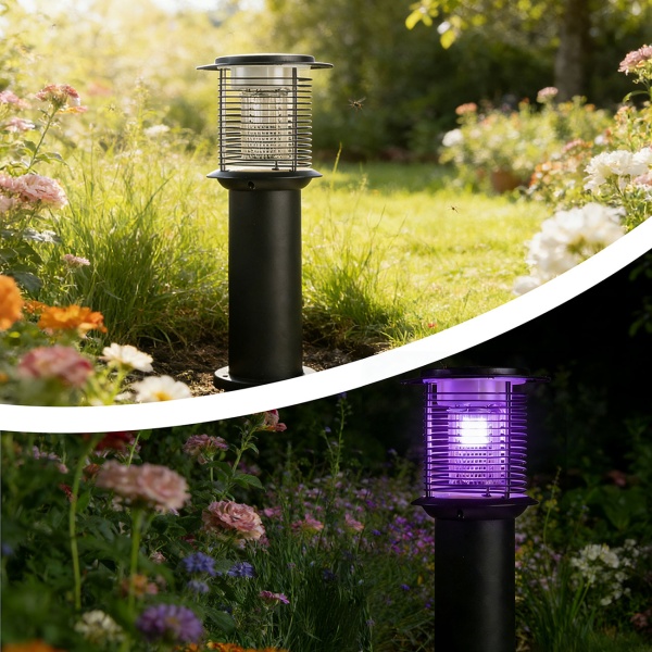 4er-Set Solar Gartenlampe mit Mückenvernichter aus Edelstahl, 2in1 LED Wegeleuchte Schwarz, Warmweiss 300lm & UV Insektenschutz 15lm, IP44, 25 x 60 cm