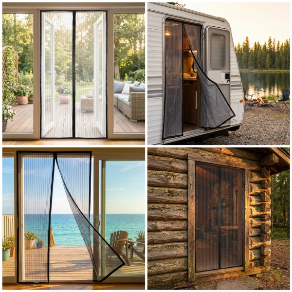 2er-Set Magnet Insektenschutz Türvorhang 100x210 cm für Balkon & Terrasse, Fliegengitter ohne Bohren mit Klettband, Fliegenvorhang Schwarz Mesh