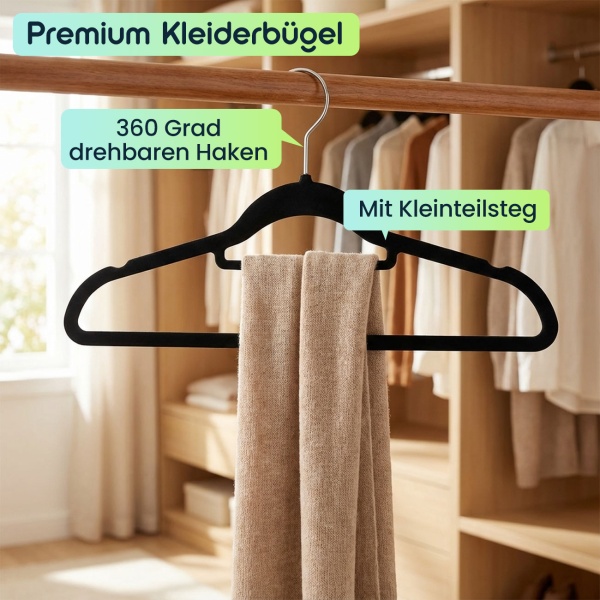 Premium Kleiderbügel, 10er-Set, mit 360 Grad drehbarem Haken, Antirutsch Beschichtung und extra Halter für Krawatten, Gürtel oder Schals, Platzsparend