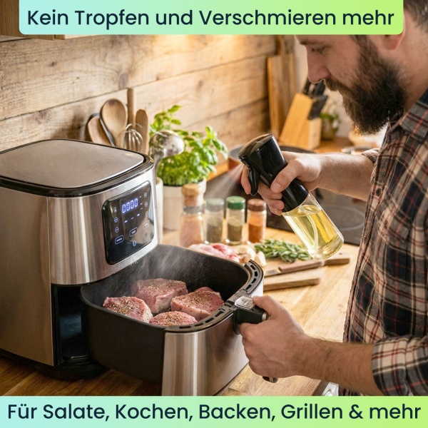 Premium Öl Sprüher & Essig Zerstäuber aus Glas 200ml – Ideal für Heissluftfritteuse, Salate & Grillen – Edle Sprühflasche 6x20cm für eine gesunde Küche im Alltag