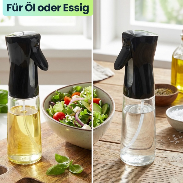 Premium Öl Sprüher & Essig Zerstäuber aus Glas 200ml – Ideal für Heissluftfritteuse, Salate & Grillen – Edle Sprühflasche 6x20cm für eine gesunde Küche im Alltag