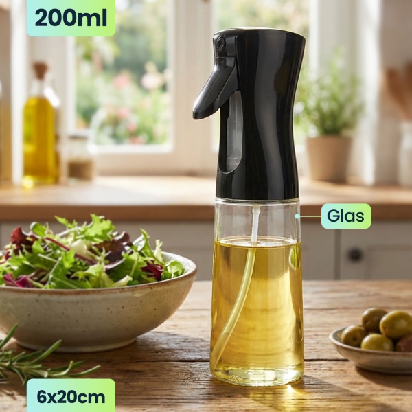 Premium Öl Sprüher & Essig Zerstäuber aus Glas 200ml – Ideal für Heissluftfritteuse, Salate & Grillen – Edle Sprühflasche 6x20cm für eine gesunde Küche im Alltag