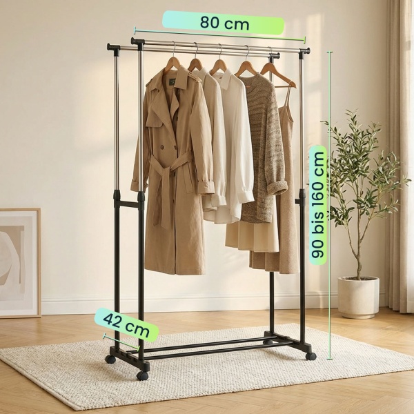 Mobiler Kleiderständer mit Doppel-Kleiderstange - 80 cm Breite - Höhenverstellbar von 90 bis 160 cm - Stabiler Garderobenständer für Ihre Kleidung