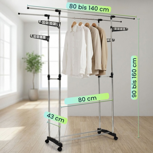 Mobiler Kleiderständer mit Doppel-Kleiderstange, ausziehbar & höhenverstellbar - Garderobenständer mit Rollen, Schuhablage und seitlichen Hängeflügeln