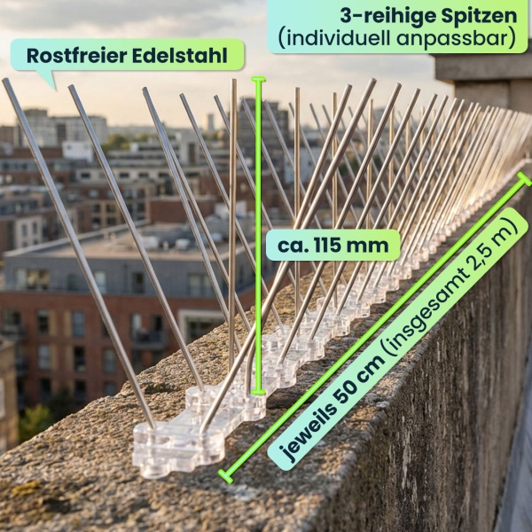 Effektive 5er-Set Taubenabwehr Spikes, 3-reihig Edelstahl, 2,5m - individuell anpassbar - Robuste Abwehr-Spitzen für optimalen Vogelschutz