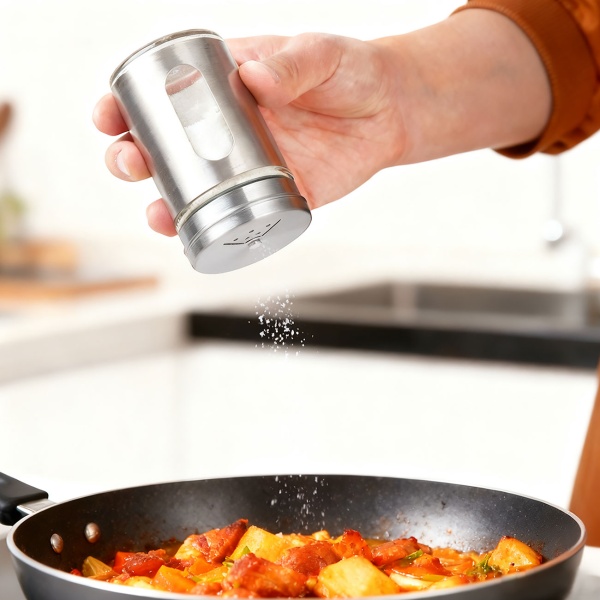 Edler Gewürzstreuer Edelstahl mit Sichtfenster 94ml Vorratsdose für Gewürze Kräuter Salz Pfeffer Streuer mit 3 verstellbaren Lochgrössen