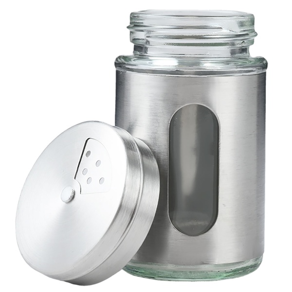 Edler Gewürzstreuer Edelstahl mit Sichtfenster 94ml Vorratsdose für Gewürze Kräuter Salz Pfeffer Streuer mit 3 verstellbaren Lochgrössen