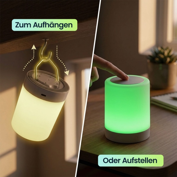 2er-Set Akku Tischlampe mit Touch-Steuerung, 6 bunten Lichtfarben und Warmweiss, Bequemes Laden per USB-C, Praktischer integrierter Bügel zum Aufhängen