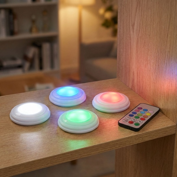 4er-Set LED Push-Lichter mit Fernbedienung: 12 Farben, Farbewechsel - Klebe-Leuchten für Schrank, Regale, Vitrine - Nachtlicht dimmbar mit Timer