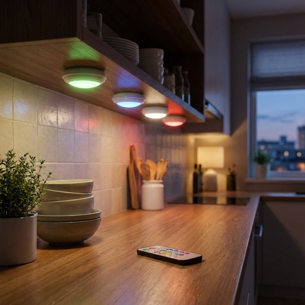 4er-Set LED Push-Lichter mit Fernbedienung: 12 Farben, Farbewechsel - Klebe-Leuchten für Schrank, Regale, Vitrine - Nachtlicht dimmbar mit Timer