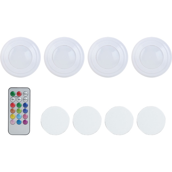 4er-Set LED Push-Lichter mit Fernbedienung: 12 Farben, Farbewechsel - Klebe-Leuchten für Schrank, Regale, Vitrine - Nachtlicht dimmbar mit Timer