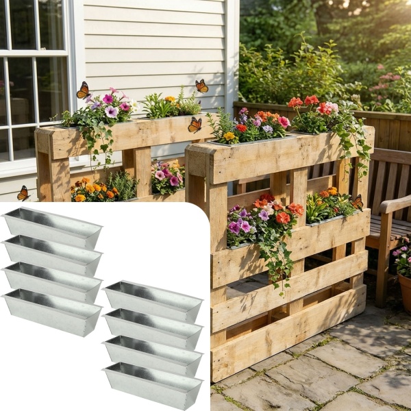 8er-Set Premium Pflanzkasten für Europaletten aus verzinktem Metall, Paletteneinsatz mit 3 Ablauflöchern, Blumenkasten für Palettenmöbel, Silber