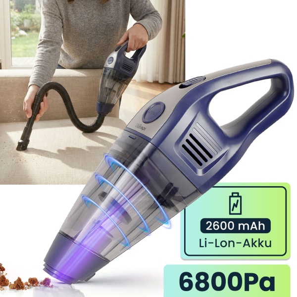 Akku-Handsauger 6800 Pa starker Mini Staubsauger, kabellos 2600 mAh Li-Ion 66W Tischsauger - kompakt & leise für Auto, Büro, Zuhause