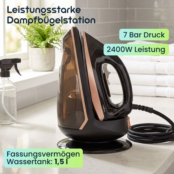 Leistungsstarke Dampfbügelstation, 7 Bar, 2400W, schwarz – Keramik Bügelsohle, Anti-Kalk, Selbstreinigung, schnelles & effektives Bügeln
