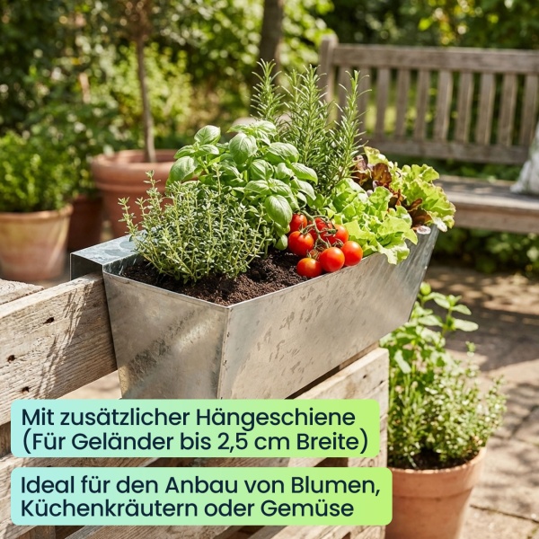 2er-Set Premium Pflanzkasten für Europaletten mit Hängeschiene aus verzinktem Metall,  Paletteneinsatz & Balkonkasten für Geländer bis 2,5 cm Breite, Silber