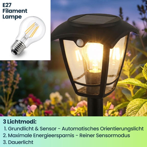 2er-Set Solar-LED-Gartenlaterne mit PIR Bewegungssensor 90° & 6m Reichweite, IP44 Wasserfest, E27 Filament Lampe, 3 Modi, 111,5 cm, Aussenleuchte