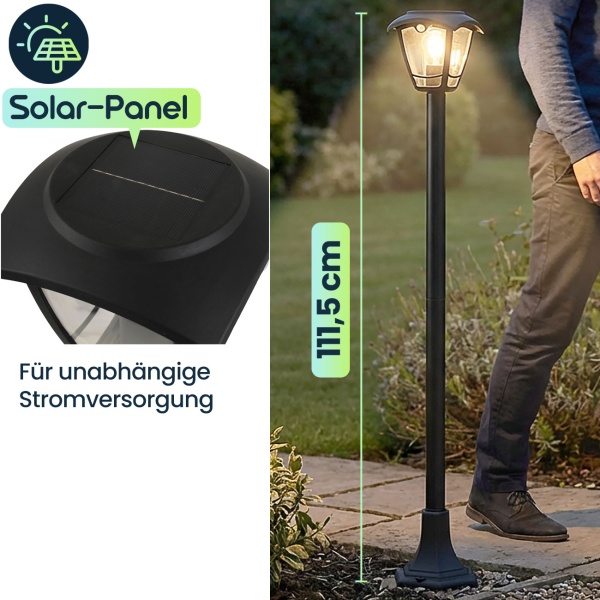 2er-Set Solar-LED-Gartenlaterne mit PIR Bewegungssensor 90° & 6m Reichweite, IP44 Wasserfest, E27 Filament Lampe, 3 Modi, 111,5 cm, Aussenleuchte