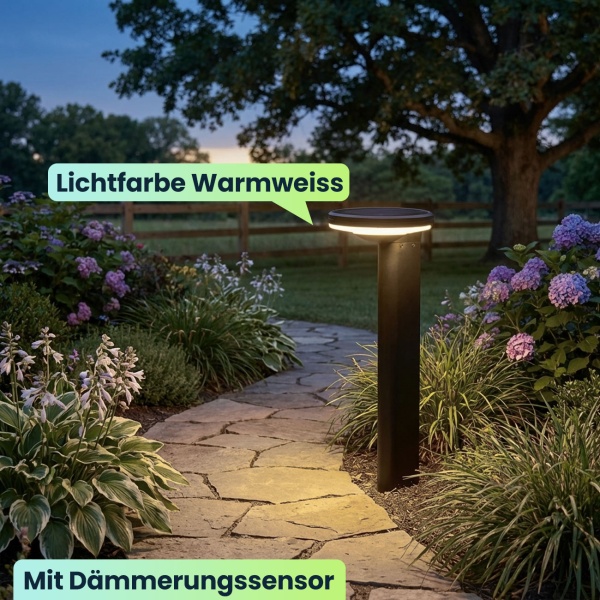 2er-Set Premium Solar Säulen-Wegeleuchte aus Aluminium in Schwarz, 300lm helle SMD-LEDs, Dämmerungssensor, wetterfeste Gartenlampe modern