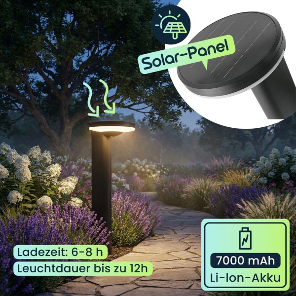 4er-Set Premium Solar Säulen-Wegeleuchte aus Aluminium in Schwarz, 300lm helle SMD-LEDs, Dämmerungssensor & 2 Leuchtmodi, wetterfeste Gartenlampe modern