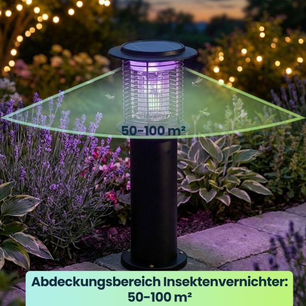 2er-Set Solar Gartenlampe mit Mückenvernichter aus Edelstahl, 2in1 LED Wegeleuchte Schwarz, Warmweiss 300lm & UV Insektenschutz 15lm, IP44, 25 x 60 cm