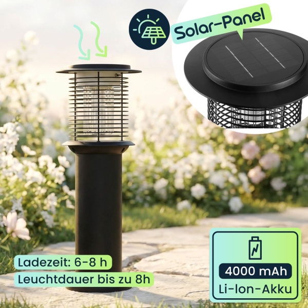 4er-Set Solar Gartenlampe mit Mückenvernichter aus Edelstahl, 2in1 LED Wegeleuchte Schwarz, Warmweiss 300lm & UV Insektenschutz 15lm, IP44, 25 x 60 cm