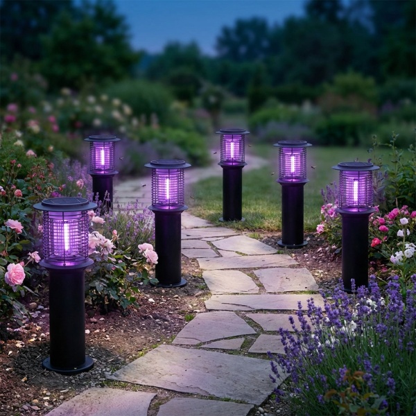 6er-Set Solar Gartenlampe mit Mückenvernichter aus Edelstahl, 2in1 LED Wegeleuchte Schwarz, Warmweiss 300lm & UV Insektenschutz 15lm, IP44, 25 x 60 cm